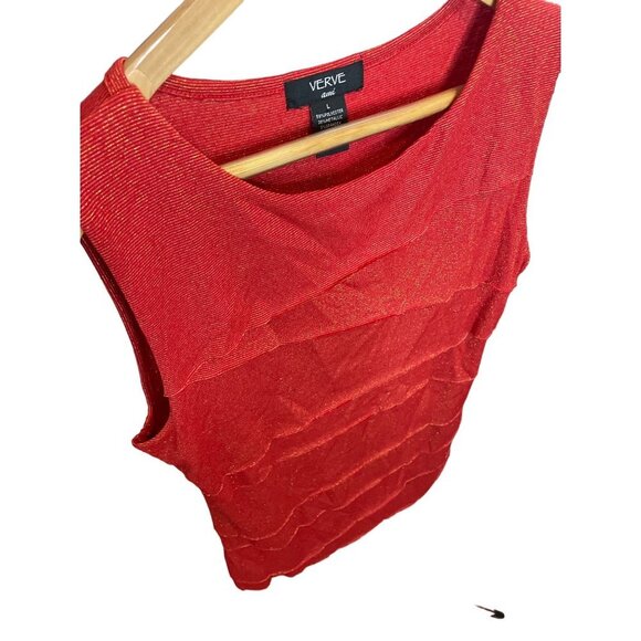 Verve Red Sleeveless Gold Metallic Thread Ruffle Shell Tank Top Sz L - Picture 4 of 9
